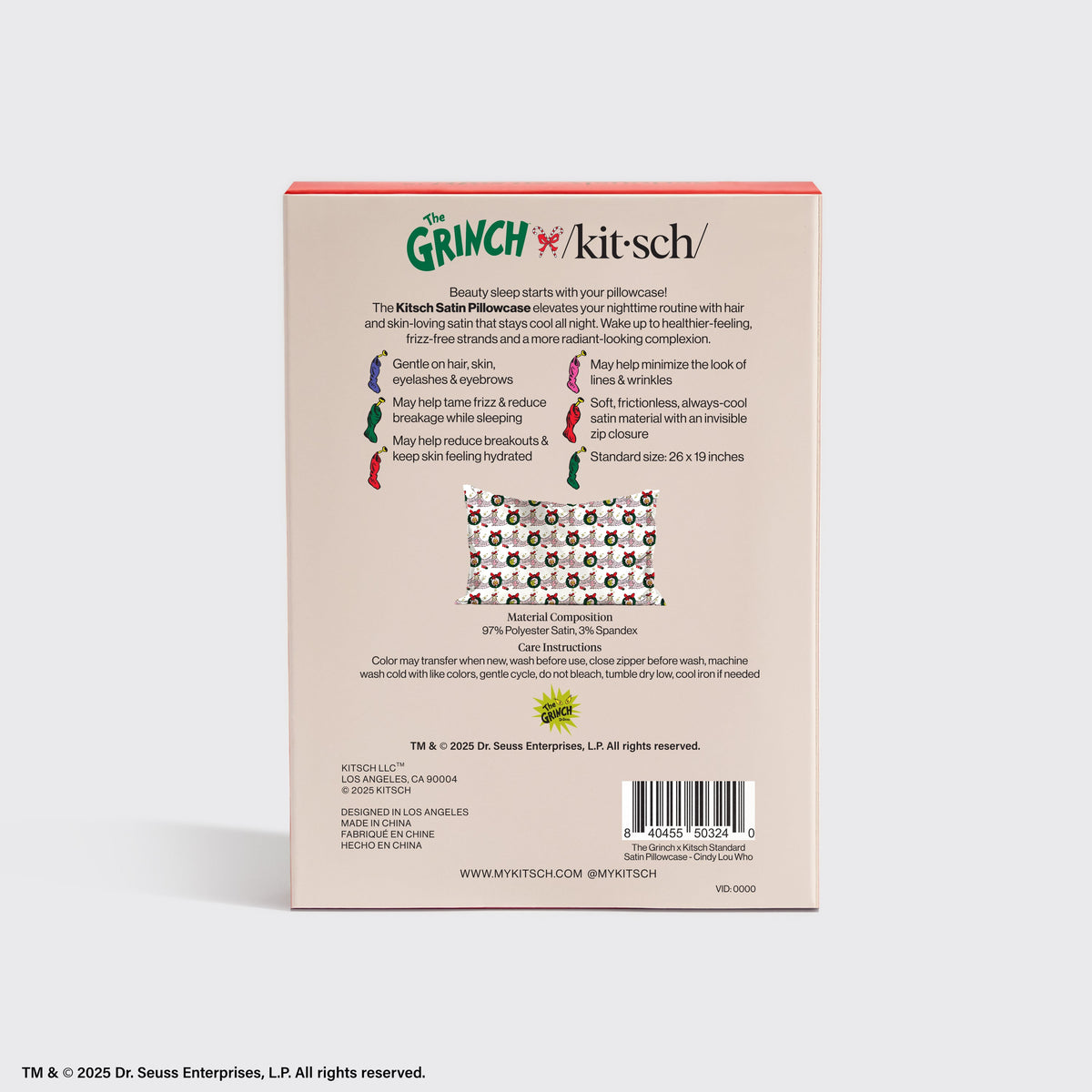 The Grinch x Kitsch Satin Pillowcase in Cindy Lou Who