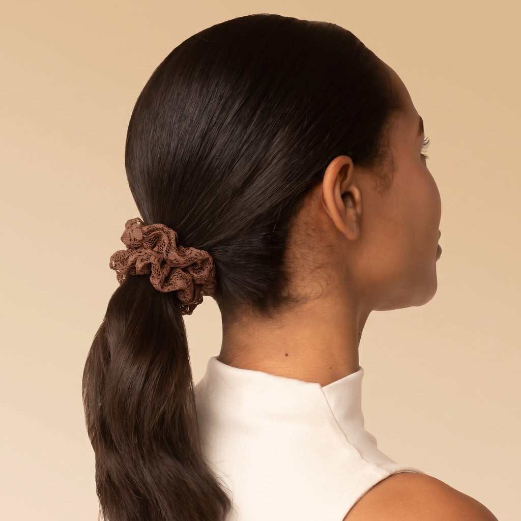 Black, Chocolate, & Mocha Ruched Lace Scrunchies 5pc Set