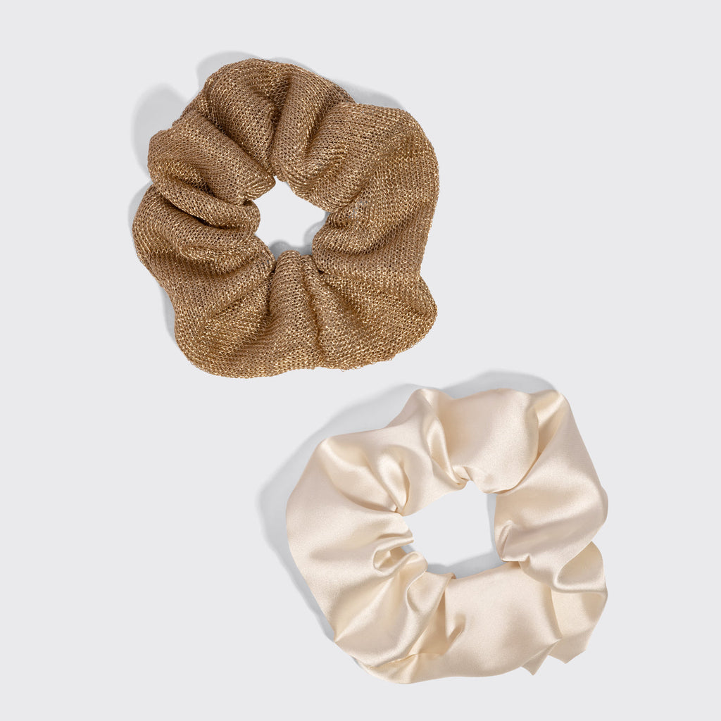 Cream & Gold Metallic Mesh and Satin Scrunchies 2pc Set