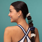 Cream, Court Green & Navy Blue Ruched Satin Scrunchies 5pc Set