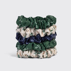 Cream, Court Green & Navy Blue Ruched Satin Scrunchies 5pc Set