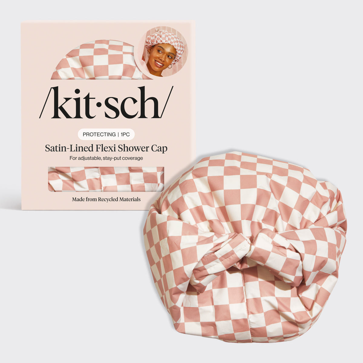 Terracotta Checker Satin Shower Cap